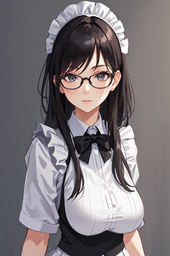 {{masterpiece}},high quality, 4K, 2D, 1 girl,{simple gray background},(attractive mature lady:1.5),milf,standing,sagging breasts,(gigantic breasts:1.5),maid,front face,{{tareme}},attractive mature lady,black hair, {from right in front of face and body},View viewers from front,{front facing shot},Wear glasses,(serious:0.1)