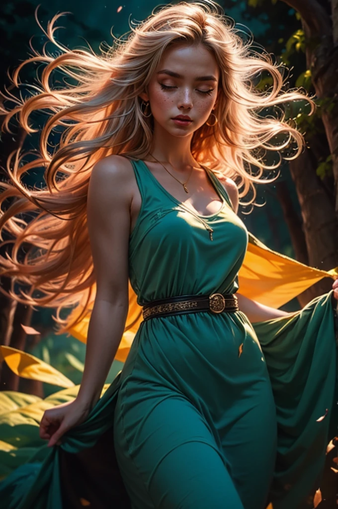 A elf in a long dress being lifted by the wind, straight long white hair, soft moss, ornament of gold, deep forest, deep blue tones, dark atmosphere, brush painting style, sketch, vibrant colors, soft lighting, (masterpiece, best quality:1.2)
