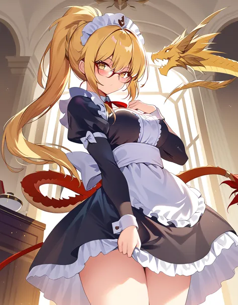 highest quality、high resolution、masterpiece、blonde ponytail、glasses、a maid with a dragon&#39;s tail、arms crossed