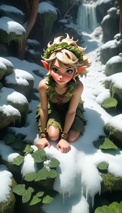 a snowy winter leaf pixie girl on a leaf in the snow, blonde hair, ahe snowy winter leaf pixie and the world of adventure, photo...