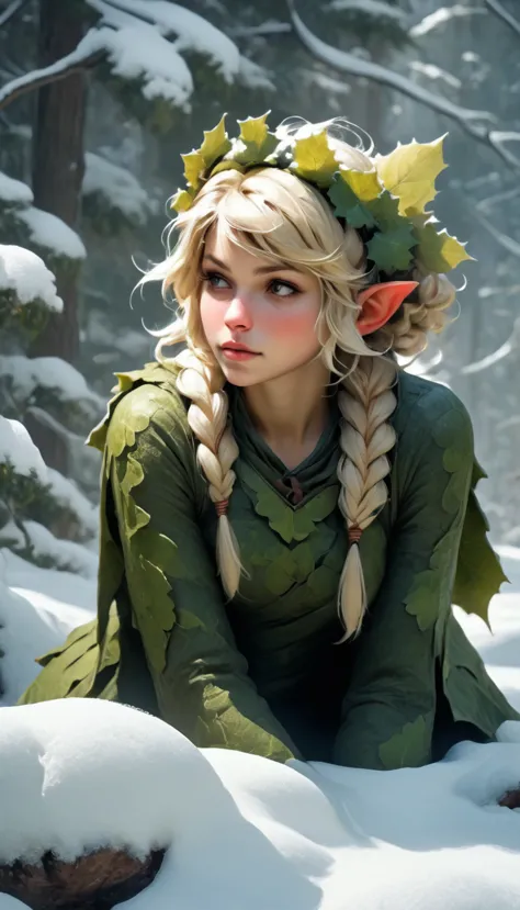 a snowy winter leaf pixie girl on a leaf in the snow, blonde hair, ahe snowy winter leaf pixie and the world of adventure, photo...