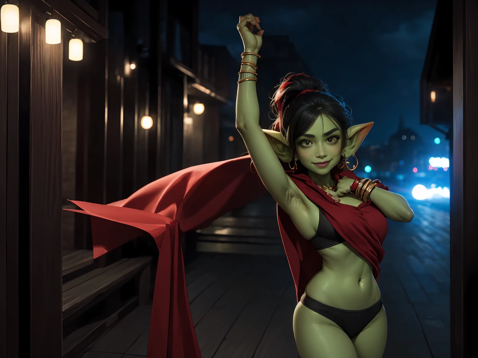 absurdrez, 1 girl, solo ((best quality)), ((masterpiece)), (detailed), 4k, green skin, tiny pointy ears, small ears, very very small goblin girl wearing revealing red arabian robes, 3 feet tall, graceful, exotic, black hair, walking towards a backdoor entrance to a club, backdoor to nightclub, jewelry, looking back at viewer, outdoors, evening, carrying a duffel bag on shoulder, carrying gym bag on shoulder, dynamic pose, outside of busy nightclub, outside of busy strip club, sexy smile, cinematic still, arabian jewelry, cowboy shot, 