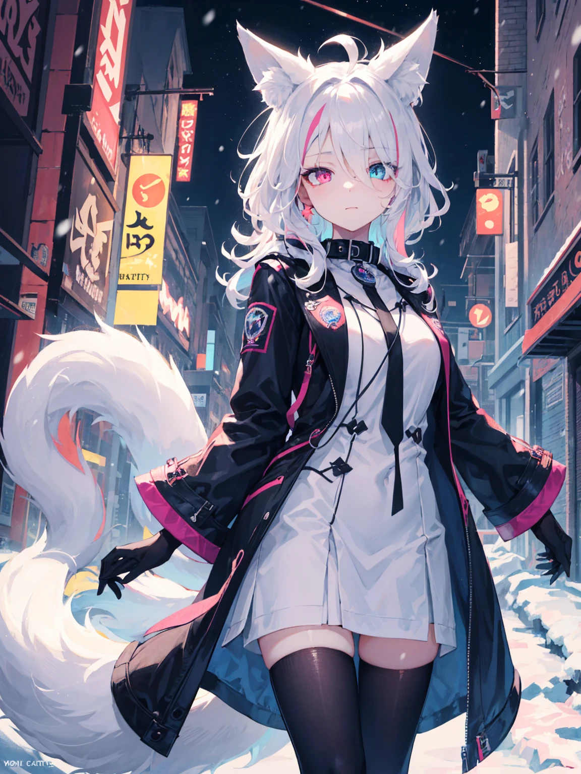 white fox, pink eyes, pubic tattoo, womb tattoo, jacket woman, female, furry, night city, glowing eyes, no feelings, long tail, collar, master piece, puppet, bat wing, shy, white earphones, fox tail, top quality, Name Snow, Fox tail, Black tail, transfur fox, 1girl(Snow fox), mature girl, open coat, detailed iris, sparkle eyes, star in eyes, enchanting purple eyes, (multicolored eyes), (shining dust), (heterochromia), (messy hair:1.3), (hair between eyes), (hair over one eye), (wavy hair:1.1)