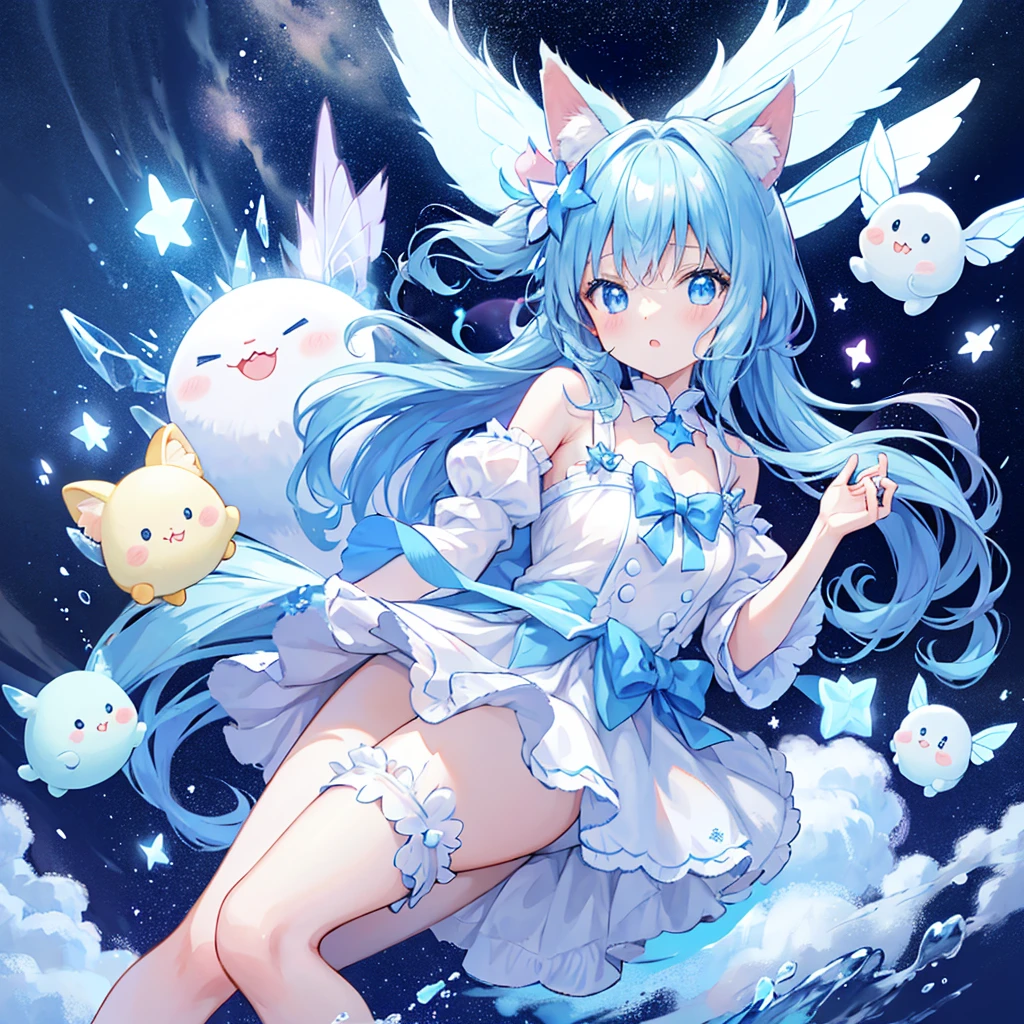 Absurd、Unreal、Mascot character、Blue and white star fairy、fluffyでマルっとしてかわいい、a mysterious creature、fluffy、