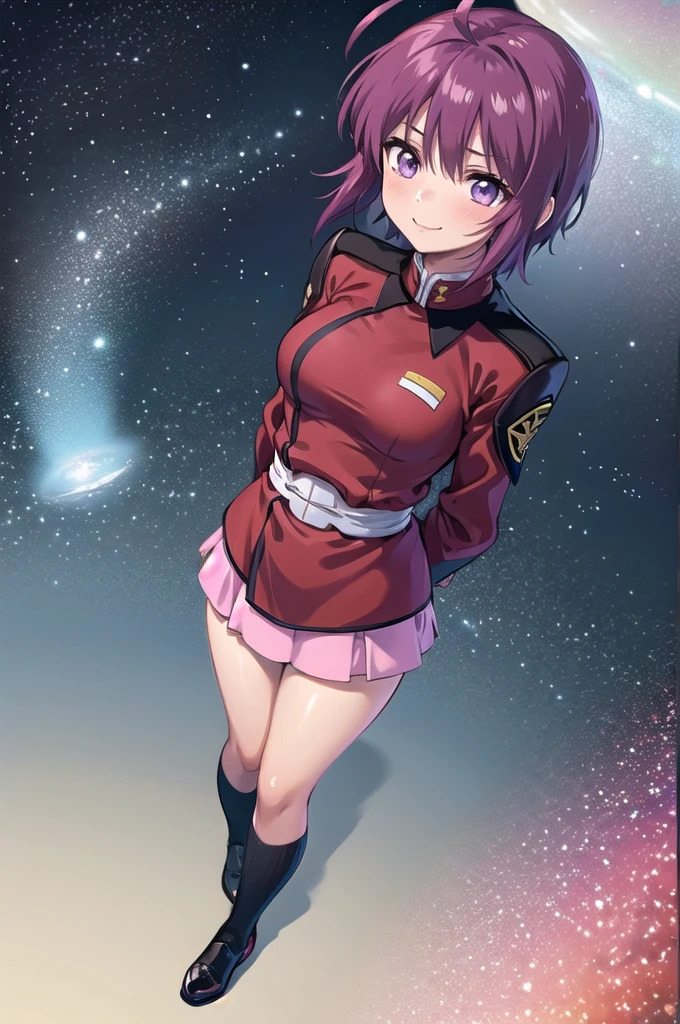 masterpiece,Highest quality,One girl,Mature Woman,Lunamaria Hawke,short hair,Ahoge,Redhead,Purple eyes,Purple Hair,Pink Skirt,uniform,Black knee socks,Long sleeve,smile,Are standing,Put your arms behind your back,I had already finished,universe船内部,sf,universe,From above,Dutch Angle,