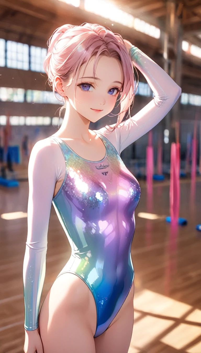 highquality illustration, masterpiece, very delicate and beautiful, attractive girl,(gymnastics leotard,long sleeve leotard with glittery decoration,high_leg leotard,athletic leotard,tight-fit leotard,iridescent gradient leotard,long-sleeve leotard),thin,slender body,slim,high school,gymnasium background,gymnastics club,gymnastics athlete,princess, beautiful eyes,light smile,(masterpiece, best quality:1.2), highres, extremely detailed CG unity 8k wallpaper, perfect lighting, Colourful, ultra-high res,4K,ultra-detailed, photography, 8K, HDR, 17 ages,cowboy shot,