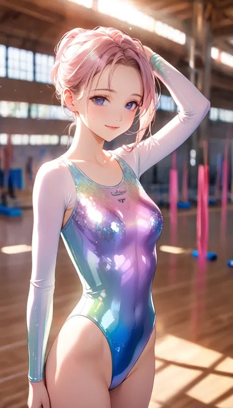 highquality illustration, masterpiece, very delicate and beautiful, attractive girl,(gymnastics leotard,long sleeve leotard with...