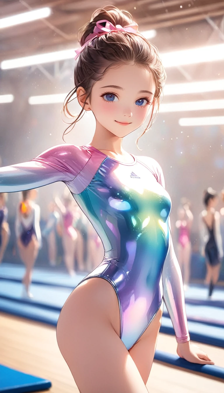 highquality illustration, masterpiece, very delicate and beautiful, attractive girl,(gymnastics leotard,long sleeve leotard with glittery decoration,high_leg leotard,athletic leotard,tight-fit leotard,iridescent gradient leotard,long-sleeve leotard),thin,slender body,slim,high school,gymnasium background,gymnastics club,gymnastics athlete,princess, beautiful eyes,light smile,(masterpiece, best quality:1.2), highres, extremely detailed CG unity 8k wallpaper, perfect lighting, Colourful, ultra-high res,4K,ultra-detailed, photography, 8K, HDR, s,cowboy shot,