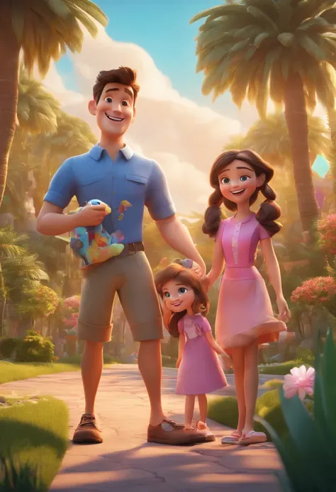 A 3D movie poster in Disney-Pixar style of an adult and a child, both smiling, under a clear and sunny sky. The background of the image displays tall palm trees and some grass, suggesting they are in a park or green area. The adult is wearing a blue shirt and has light brown hair, slightly tousled. The , who is being held by the adult, is wearing a pink shirt with prints of various objects. Both seem happy and are enjoying the outdoor moment. The atmosphere of the image conveys joy and relaxation. estilo disney, estilo pixar render ilustracao Super Detalhe, 8k