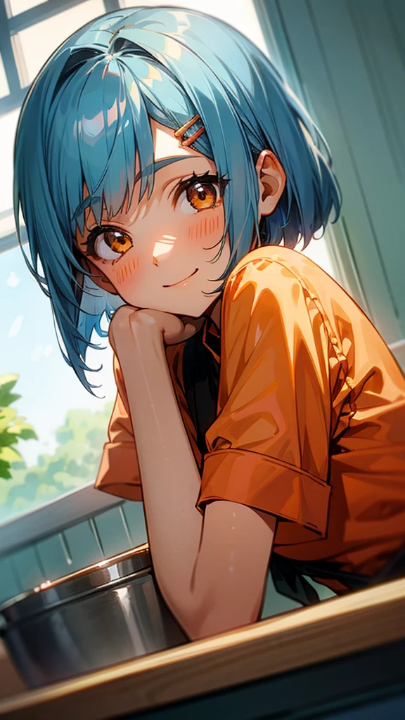 1 girl、Anime Images、kitchen、Delicious food、shrimp、Shiny light blue hair、Short Bob Hairstyles、Tie your hair with an orange hair clip、Beautiful brown eyes、smile、Upper body close-up、Sharp contours、Background Blur、Written boundary depth