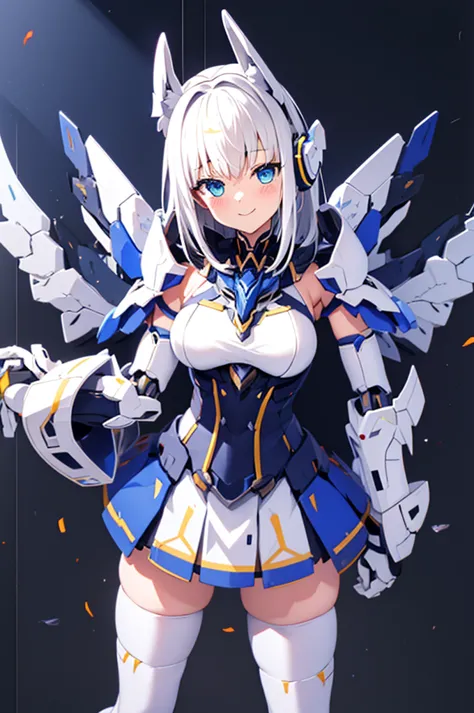 mecha wings、yellow skirt、accentuated thighs、white tights、chest、beautiful white hair、1 girl、solo girl、thick thighs、is、frame arms ...