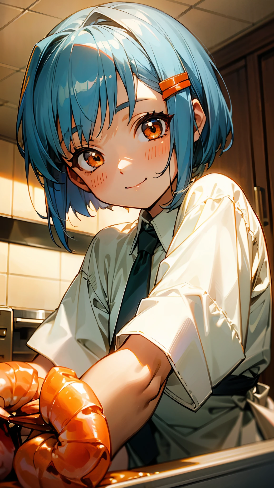 1 girl、Anime Images、kitchen、Delicious food、shrimp、Shiny light blue hair、Short Bob Hairstyles、Tie your hair with an orange hair clip、Beautiful brown eyes、smile、Upper body close-up、Sharp contours、Background Blur、Written boundary depth