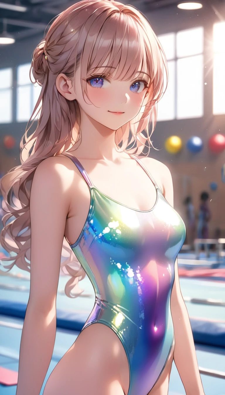 highquality illustration, masterpiece, very delicate and beautiful, attractive girl,(gymnastics leotard,long sleeve leotard with glittery decoration,high_leg leotard,athletic leotard,tight-fit leotard,iridescent gradient leotard,long-sleeve leotard),thin,slender body,slim,high school,gymnasium background,gymnastics club,gymnastics athlete,princess, beautiful eyes,light smile,(masterpiece, best quality:1.2), highres, extremely detailed CG unity 8k wallpaper, perfect lighting, Colourful, ultra-high res,4K,ultra-detailed, photography, 8K, HDR, s,cowboy shot,