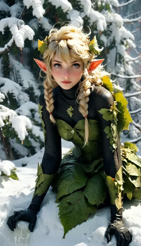 a snowy winter leaf pixie girl on a leaf in the snow, blonde hair, ahe snowy winter leaf pixie and the world of adventure, photo...