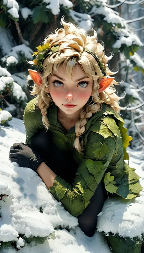 a snowy winter leaf pixie girl on a leaf in the snow, blonde hair, ahe snowy winter leaf pixie and the world of adventure, photo...