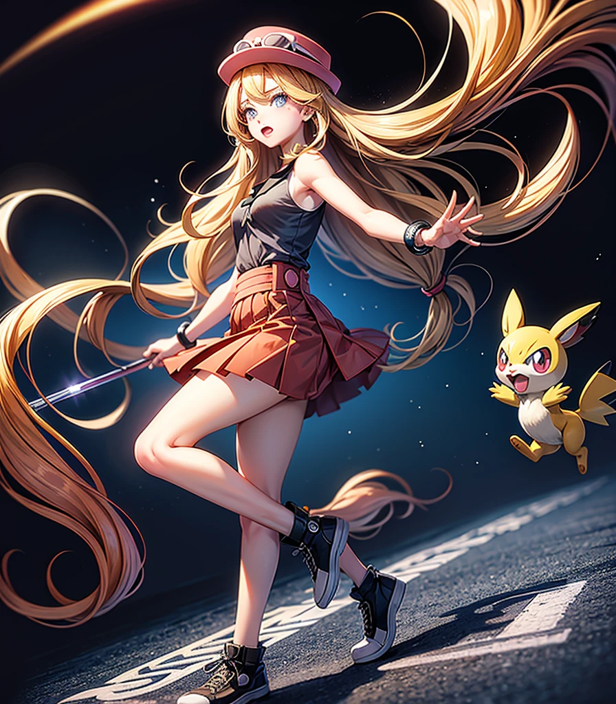 (masterpiece, Highest quality), One girl,  Serena (Pokemon),One girl,Have,sunglasses,Long Hair,Blonde, blue eyes,bracelet,Sleeveless shirt,Black Shirt,Red Skirt,Pleated skirt,Black knee socks,White background