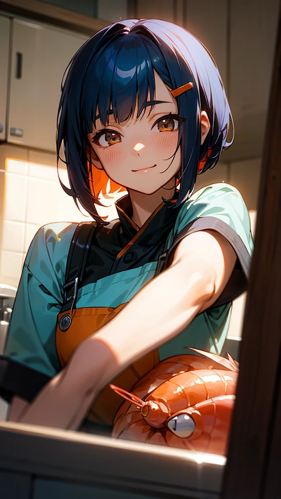 1 girl、Anime Images、Kitchen in the morning、Delicious food、shrimp、Shiny dark blue hair、Short Bob Hairstyles、Tie your hair with an orange hair clip、Beautiful brown eyes、smile、Upper body close-up、Sharp contours、Background Blur、Written boundary depth