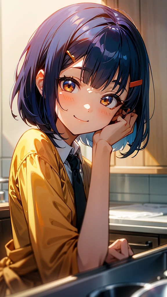 1 girl、Anime Images、Kitchen in the morning、Delicious food、shrimp、Shiny dark blue hair、Short Bob Hairstyles、Tie your hair with an orange hair clip、Beautiful brown eyes、smile、Upper body close-up、Sharp contours、Background Blur、Written boundary depth