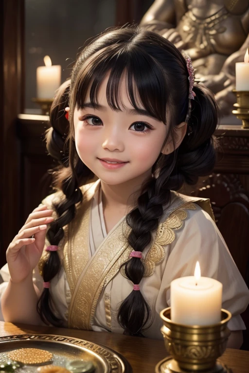 1girl, 6 years old , beautiful detailed eyes, beautiful detailed lips, beautiful smiling , extremely detailed face and features, long eyelashes, pigtails, chubby cheeks, praying hands, thai temple scene, intricate architecture, ornate decorations, candles, incense, warm lighting, soft focus, muted colors, serene atmosphere, masterpiece, high resolution, photorealistic, professional studio lighting, depth of field, black hair,