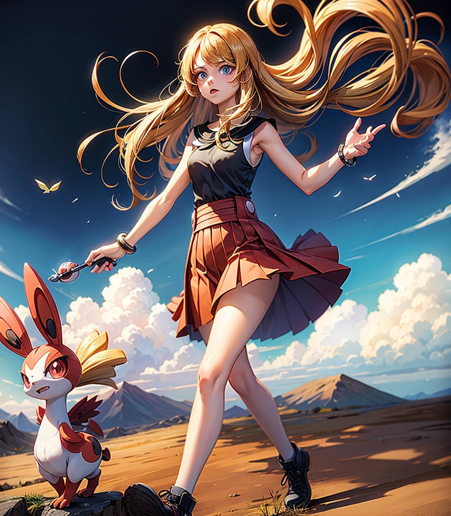 (masterpiece, Highest quality), One girl,  Serena (Pokemon),One girl,Have,sunglasses,Long Hair,Blonde, blue eyes,bracelet,Sleeveless shirt,Black Shirt,Red Skirt,Pleated skirt,Black knee socks,White background