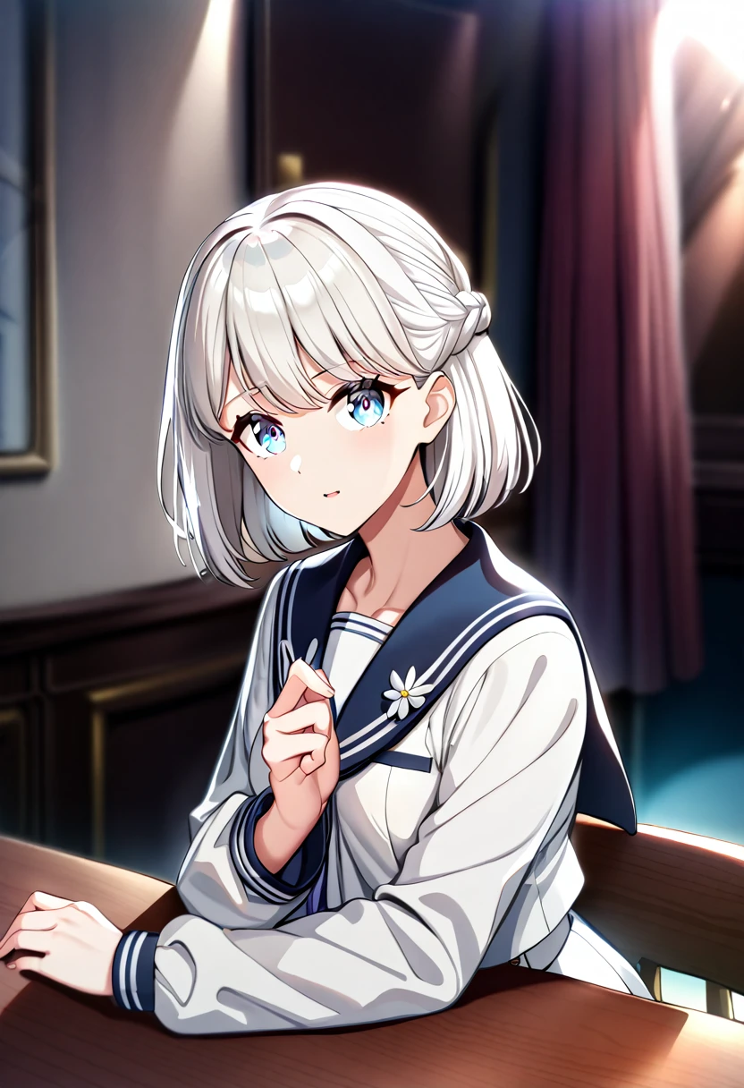 very aesthetic, masterpiece, best quality, absurdres, sensitive,katsuragi lilja,blue eyes,white hair,short hair,braid,,sailor collar,, white