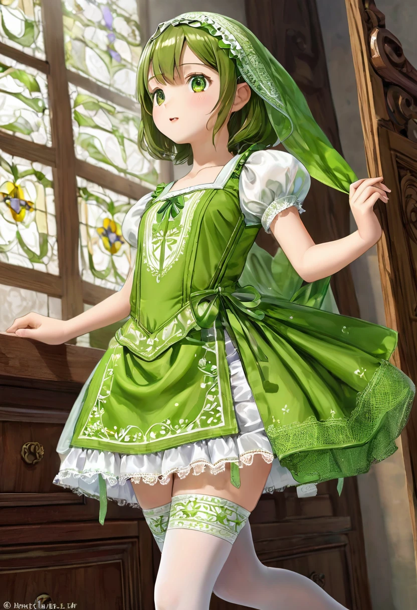 10 year old girl underwear, Realistic panties and bloomers made from patterned cotton fabric, Bright green medieval one-piece dress with white embroidery and panniers, Fabric Realism, Low - Angle, You can see the drawer, Pull up the dress by hand, Strong winds, Translucent slip, Translucent slip, tights, Highest quality, Crotch close-up, whole body, Skirt lining
