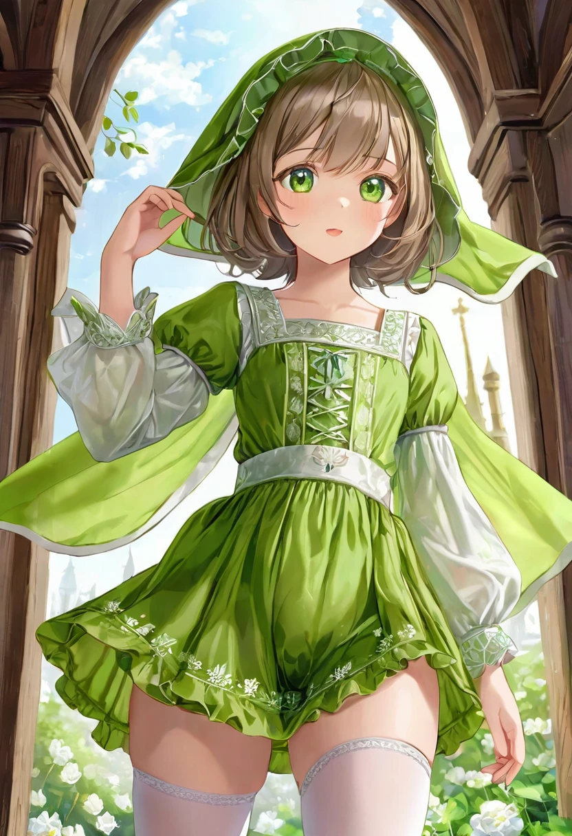 10 year old girl underwear, Realistic panties and bloomers made from patterned cotton fabric, Bright green medieval one-piece dress with white embroidery and panniers, Fabric Realism, Low - Angle, You can see the drawer, Pull up the dress by hand, Strong winds, Translucent slip, Translucent slip, tights, Highest quality, Crotch close-up, whole body, Skirt lining
