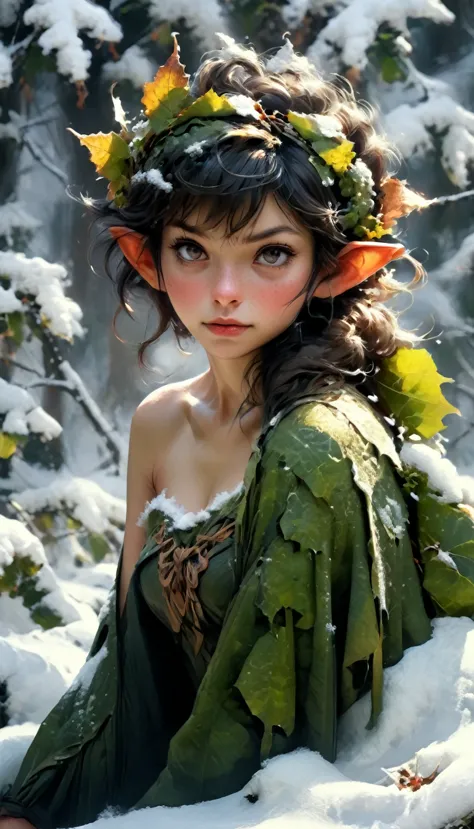 a snowy winter leaf pixie girl on a leaf in the snow, the snowy winter leaf pixie and the world of adventure, photo realism, 8k ...