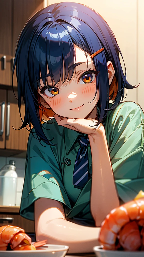 1 girl、Anime Images、Kitchen in the morning、Delicious food、shrimp、Shiny dark blue hair、Short Bob Hairstyles、Tie your hair with an orange hair clip、Beautiful brown eyes、smile、Upper body close-up、Sharp contours、Background Blur、Written boundary depth