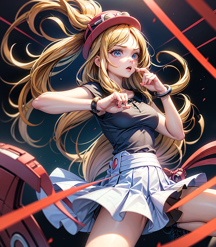 (masterpiece, Highest quality), One girl,  Serena (Pokemon),One girl,Have,sunglasses,Long Hair,Blonde, blue eyes,bracelet,Sleeveless shirt,Black Shirt,Red Skirt,Pleated skirt,Black knee socks,White background,Upper Body