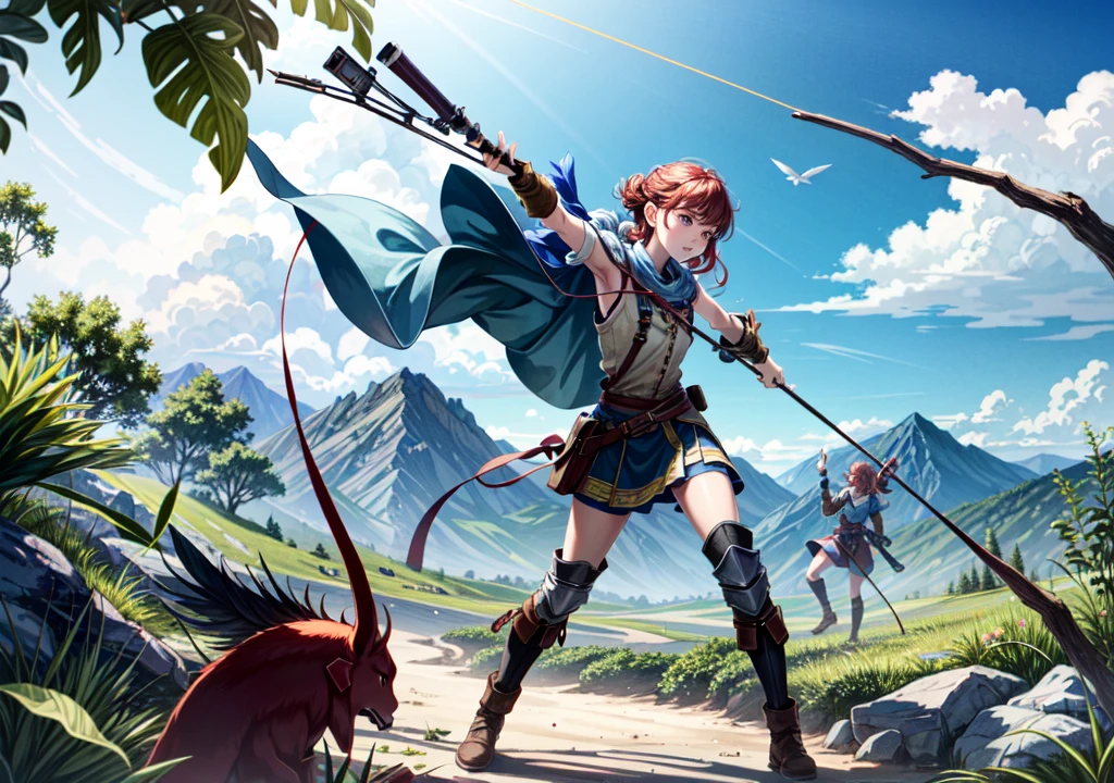 Aloy, fighting machines, aiming with a bow, showing armpits, red head, pretty face, focus, full body, 