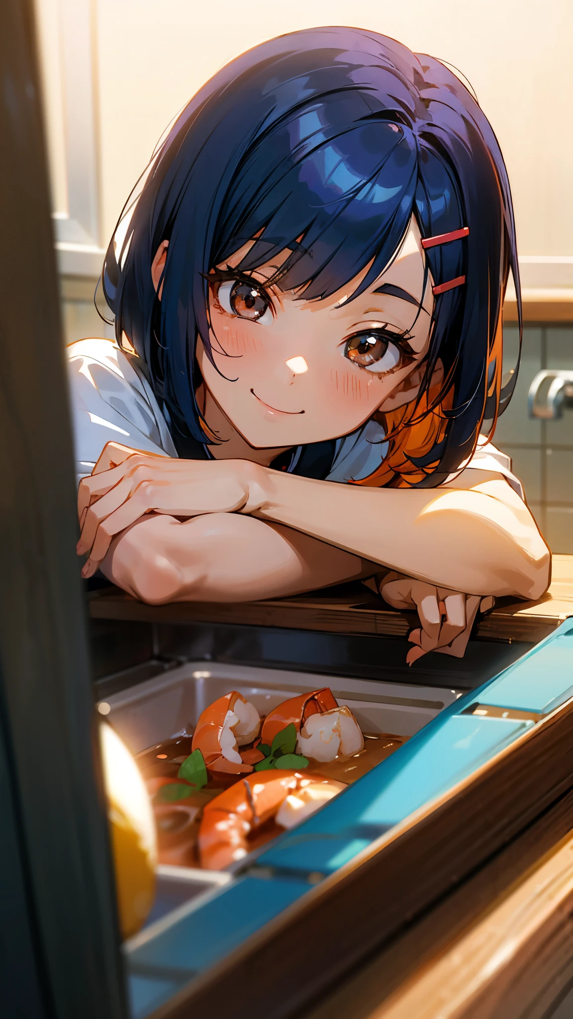 1 girl、Anime Images、Kitchen in the morning、Delicious food、shrimp、Shiny dark blue hair、Short Bob Hairstyles、Tie your hair with an orange hair clip、Beautiful brown eyes、smile、Upper body close-up、Sharp contours、Background Blur、Written boundary depth