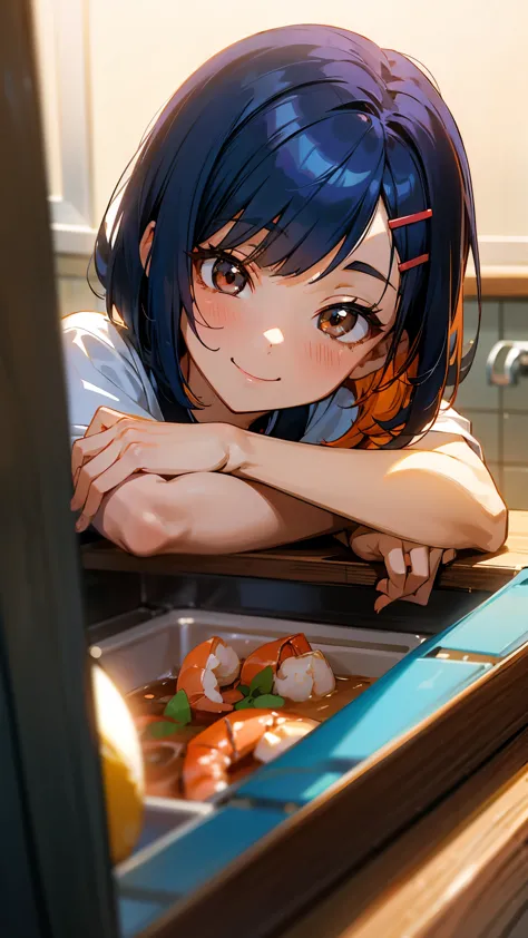 1 girl、anime images、kitchen in the morning、delicious food、shrimp、shiny dark blue hair、short bob hairstyles、tie your hair with an...