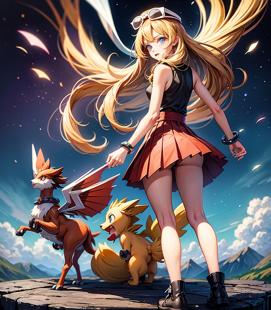 (masterpiece, Highest quality), One girl,  Serena (Pokemon),One girl,Have,sunglasses,Long Hair,Blonde, blue eyes,bracelet,Sleeveless shirt,Black Shirt,Red Skirt,Pleated skirt,Black knee socks,White background,Upper Body