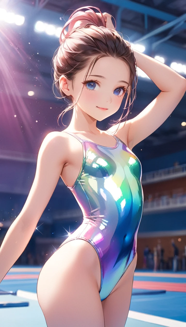 highquality illustration, masterpiece, very delicate and beautiful, attractive girl,(gymnastics leotard,long sleeve leotard with glittery decoration,high_leg leotard,athletic leotard,tight-fit leotard,iridescent gradient leotard,long-sleeve leotard),thin,slender body,slim,high school,gymnasium background,gymnastics club,gymnastics athlete,princess, beautiful eyes,light smile,(masterpiece, best quality:1.2), highres, extremely detailed CG unity 8k wallpaper, perfect lighting, Colourful, ultra-high res,4K,ultra-detailed, photography, 8K, HDR, 17 ages,cowboy shot,