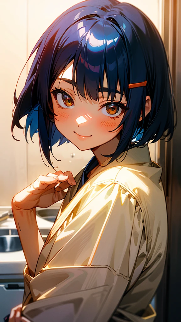 1 girl、Anime Images、Kitchen in the morning、Delicious food、shrimp、Shiny dark blue hair、Short Bob Hairstyles、Tie your hair with an orange hair clip、Beautiful brown eyes、smile、Upper body close-up、Sharp contours、Background Blur、Written boundary depth