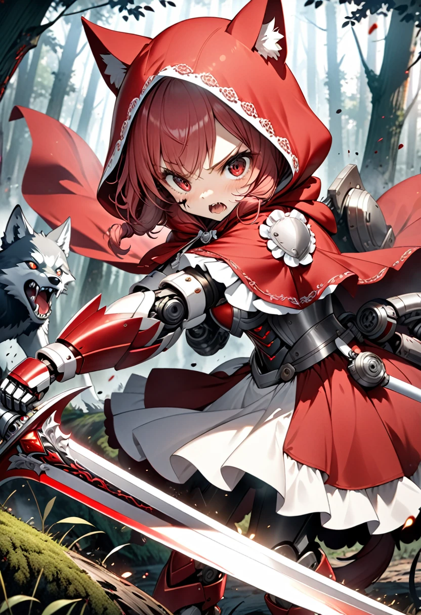 Fantasy CG art,Depicting the deadly battle between Little Red Riding Hood and the wolf,Little Red Riding Hood has a cute appearance,Red twin-tail hairstyle,she wears flashy red and white robot armor and a long red hood.(In both hands he holds a beautifully decorated red and white sword:1.2)The wolf is black in robot style.He is about to pounce on Little Red Riding Hood with a frightening expression on his face.A deadly battle in a mysterious forest,A tense and heated battle is unfolding.A view of Little Red Riding Hood from directly behind.High quality, high definition, 4k, 8k. Ultra detail,Ultra-fine painting,Vivid colors,