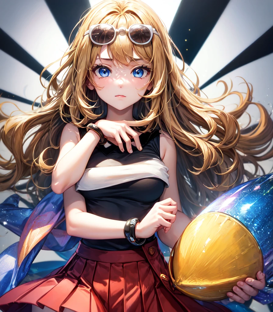 (masterpiece, Highest quality), One girl,  Serena,One girl,Have,sunglasses,Long Hair,Blonde, blue eyes,bracelet,Sleeveless shirt,Black Shirt,Red Skirt,Pleated skirt,Black knee socks,White background,Upper Body