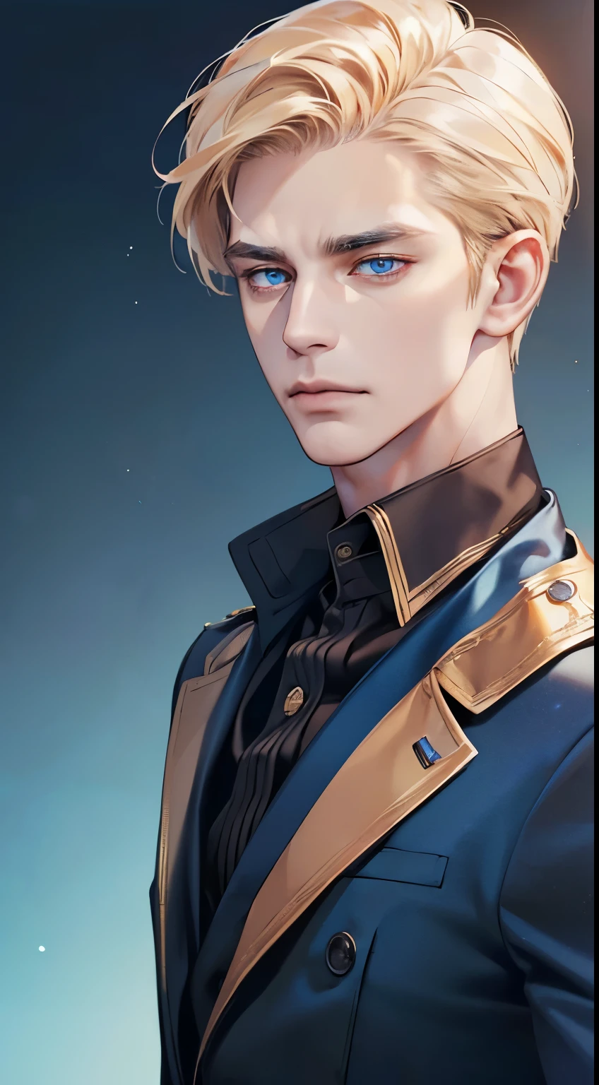 (best quality, masterpiece, 8K, photorealistic, cinematic lighting, 1:4 hdr image, ultra detailed, beautiful image), a mature man, 34 years very handsome, ((cold expression)), short golden hair, blue eyes, face perfect without mistakes, ((buttoning his jacket, CEO))