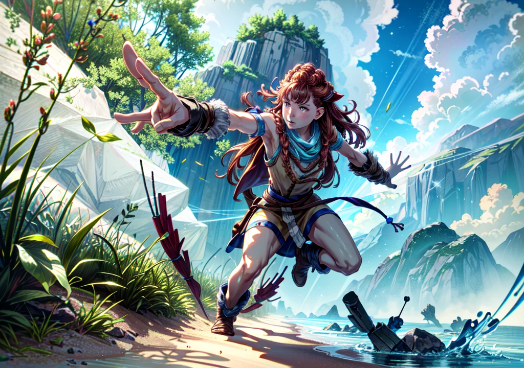 Aloy, fighting machines, aiming with a bow, showing armpits, red head, pretty face, focus, full body, 