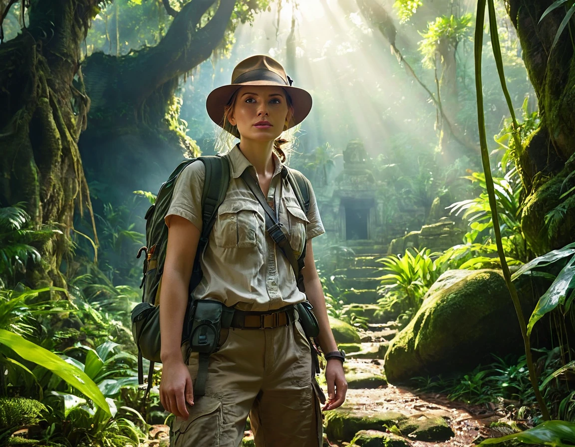 a beautiful detailed jungle scene, lush tropical forest, ancient ruins, adventurer exploring, detailed foliage, mossy rocks, sunlight filtering through trees, 1 person, adventurer outfit, hiking backpack, Indiana Jones style hat, determined expression, (best quality,4k,8k,highres,masterpiece:1.2),ultra-detailed,(realistic,photorealistic,photo-realistic:1.37),intricate details,cinematic lighting,vibrant colors,dramatic shadows,mystical atmosphere