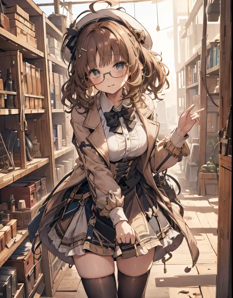 masterpiece, 1girl, sparrow, a brown haired girl, wearing a , curly short hair, messy hair, slim body, brown school blazer, he c...