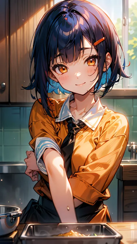 1 girl、anime images、kitchen in the morning、delicious food、shrimp、shiny dark blue hair、short bob hairstyles、tie your hair with an...