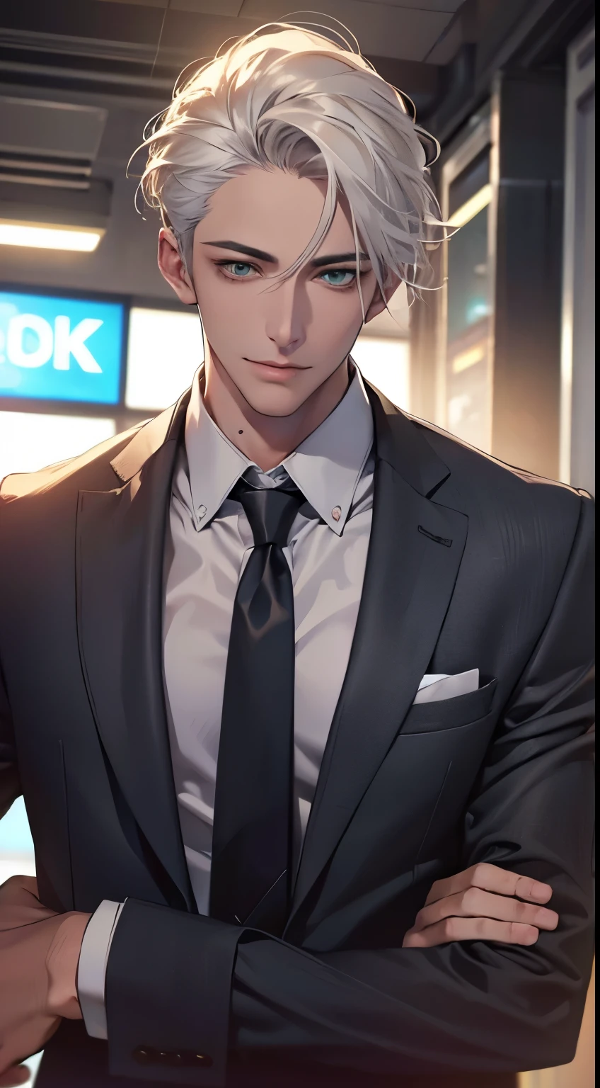 (Highest quality,4K,8K,High resolution,masterpiece:1.2),Super detailed,(Realistic,photoRealistic,photo-Realistic:1.37),1 person,34 years old,Mature Men,Beautiful skin、very handsome,Expressionless smile in love,Short white hair,green eyes,Sharp Eyes,A perfect face without a doubt,Businessman, CEO, Office Background,Cinema Lighting,HDR image,tie、