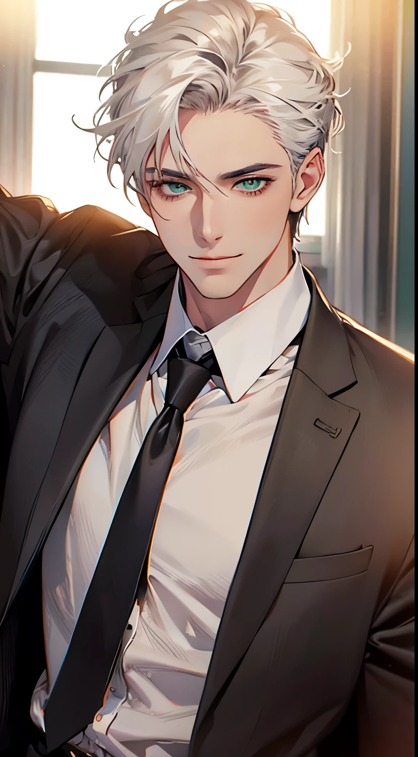 (Highest quality,4K,8K,High resolution,masterpiece:1.2),Super detailed,(Realistic,photoRealistic,photo-Realistic:1.37),1 person,34 years old,Mature Men,Beautiful skin、very handsome,Expressionless smile in love,Short white hair,green eyes,Sharp Eyes,A perfect face without a doubt,Businessman, CEO, Office Background,Cinema Lighting,HDR image,tie、