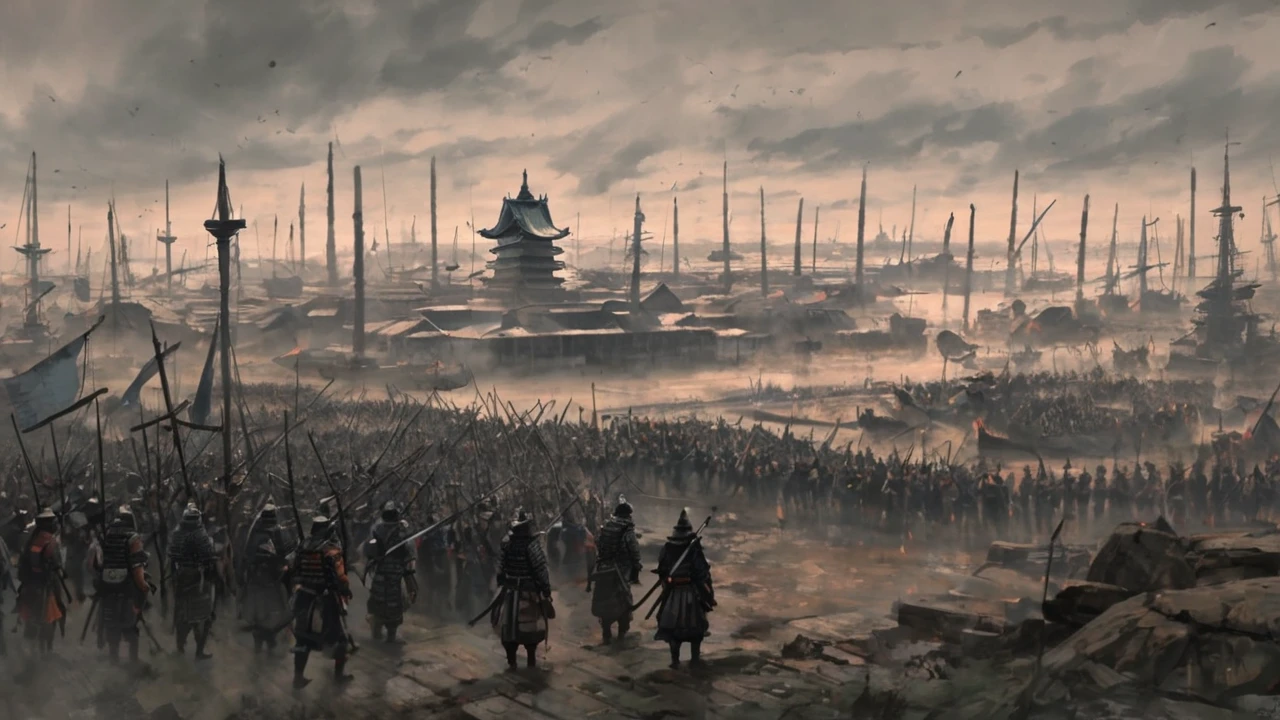 a samurai standing showing his back holding katana watching towards the battlefield where people fighting and full of chaos and war, the atmosphere is scary and the tone of image is orange