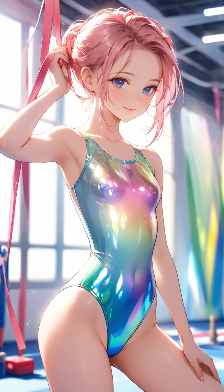 highquality illustration, masterpiece, very delicate and beautiful, attractive girl,(gymnastics leotard,long sleeve leotard with glittery decoration,high_leg leotard,athletic leotard,tight-fit leotard,iridescent gradient leotard,long-sleeve leotard),thin,slender body,slim,high school,gymnasium background,gymnastics club,gymnastics athlete,princess, beautiful eyes,light smile,(masterpiece, best quality:1.2), highres, extremely detailed CG unity 8k wallpaper, perfect lighting, Colourful, ultra-high res,4K,ultra-detailed, photography, 8K, HDR, s,cowboy shot,