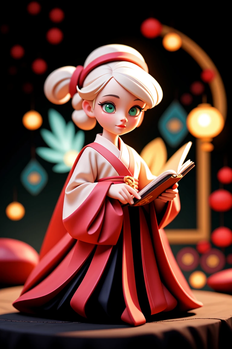 an epic colorful book cover of a 20th century young Blonde 20 year old Swedish witch, green eyes, transported in Tang Dynasty times in ancient China, European face, Tang dynasty clothes, wearing colorful red hanfu, neutral expression, holding a shining magic book, in a palace room, masterpiece, best quality, trending on artstation, intricate details, eerie magical atmosphere, sparkles, epic background, Chinese palace in the background, magic sparkles, magical atmosphere