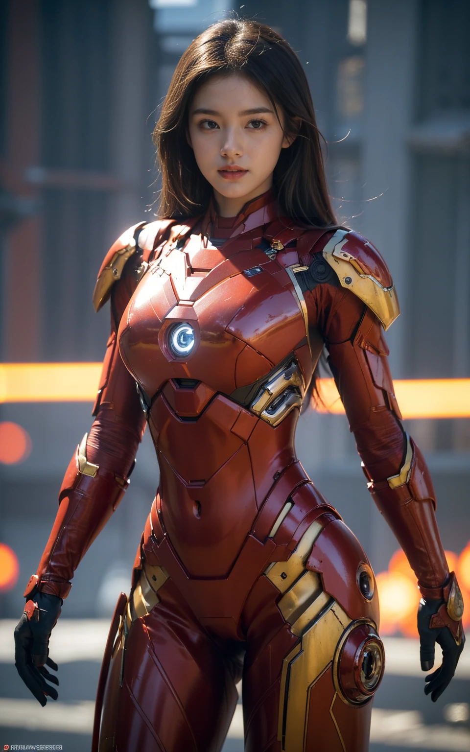  ((best quality、masterpiece、8K、Best image quality、Ultra-high resolution、Award-winning works)18 years old，Beautiful young woman, Smiling at the camera，Red Iron Man Suit,Metal Bikini Armor, Sexy belly exposed, full metal armor, Exposed abdomen and waist, Open the abdomen, The abdomen is completely exposed, Practical, photoPractical, high quality, 8K, Extremely detailed, masterpiece, Dynamic poses, Dramatic Lighting, Movie, Science Fiction, Futuristic, Vibrant colors