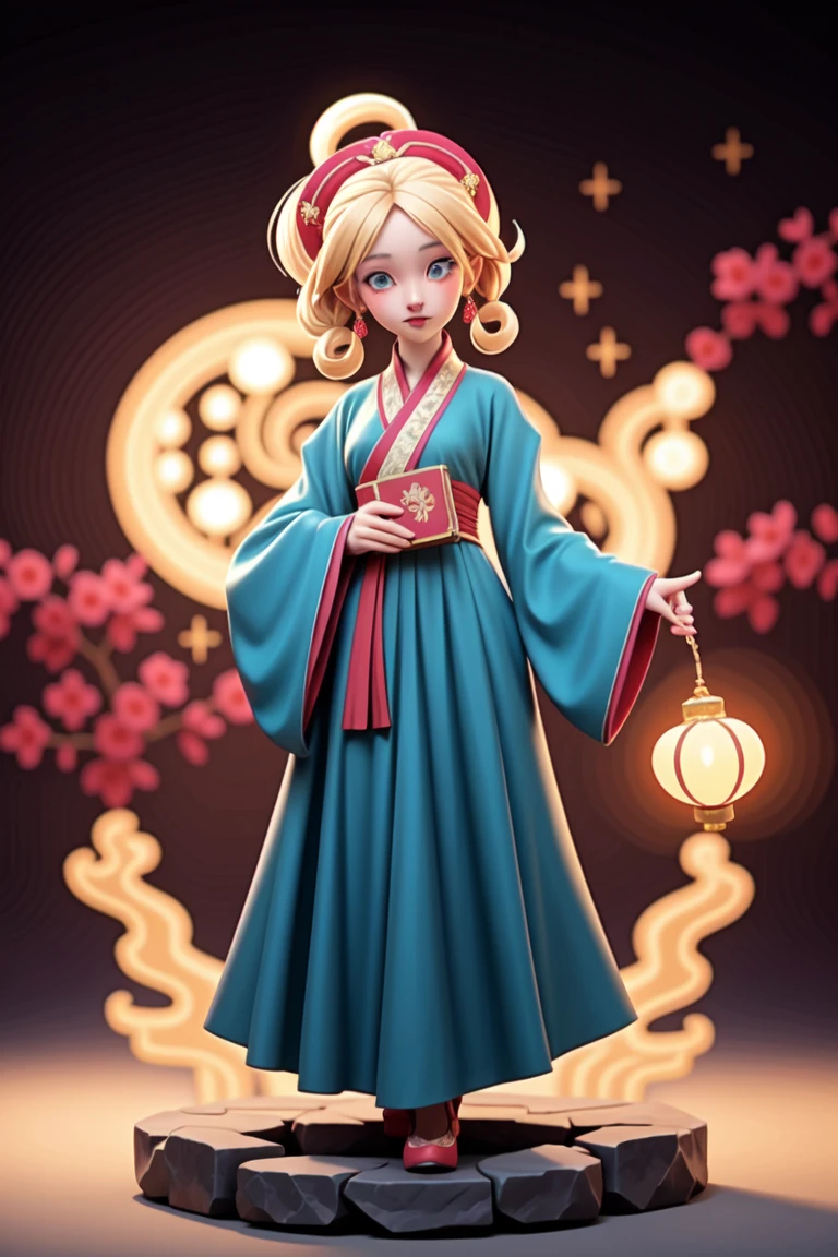 an epic colorful book cover of a 20th century young Blonde 20 year old Swedish witch, green eyes, transported in Tang Dynasty times in ancient China, European face, Tang dynasty clothes, wearing colorful red hanfu, neutral expression, holding a shining magic book, in a palace room, masterpiece, best quality, trending on artstation, intricate details, eerie magical atmosphere, sparkles, epic background, Chinese palace in the background, magic sparkles, magical atmosphere